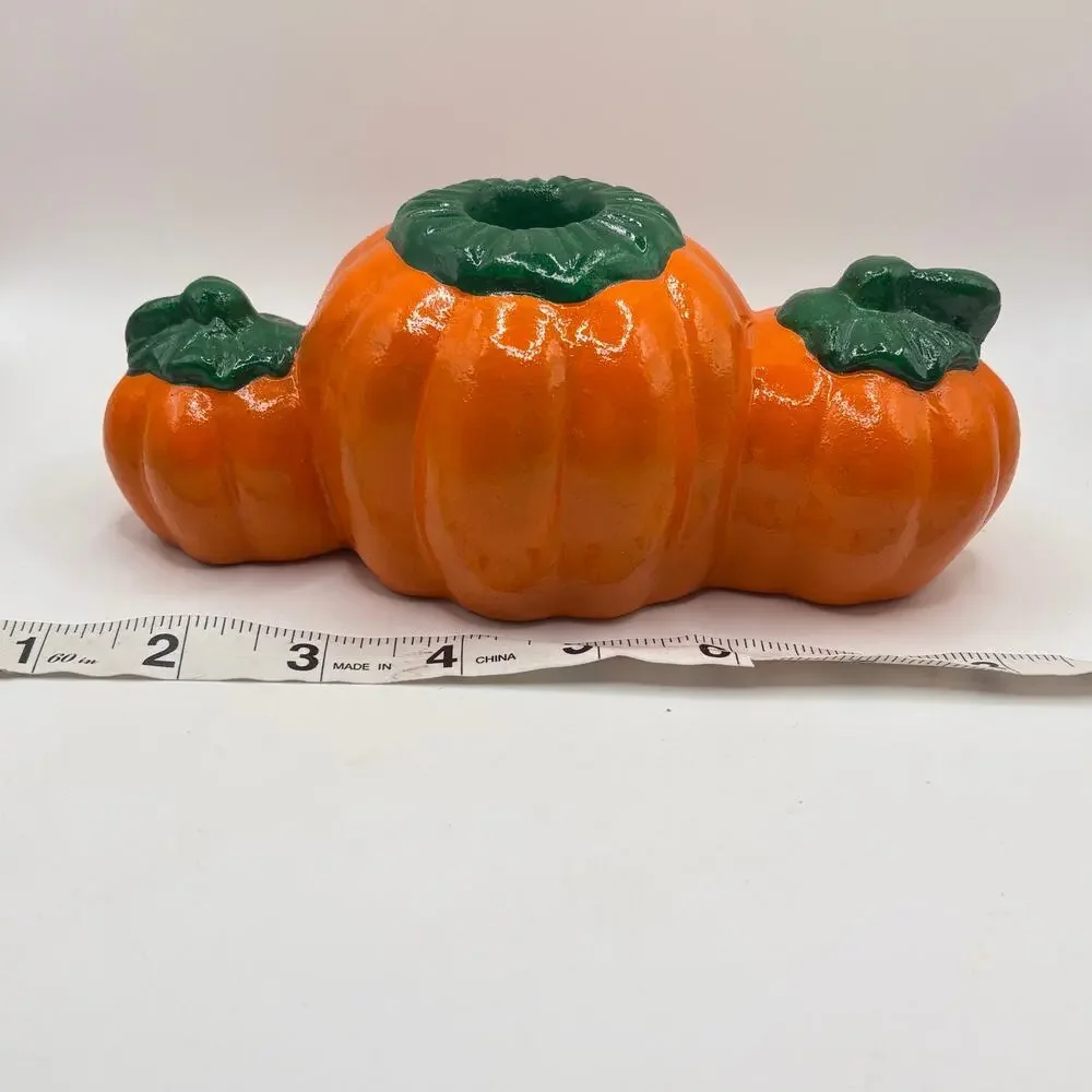 Vintage 90s Halloween Orange Jack-o-Lantern Ceramic Pumpkin Taper Candle Holder